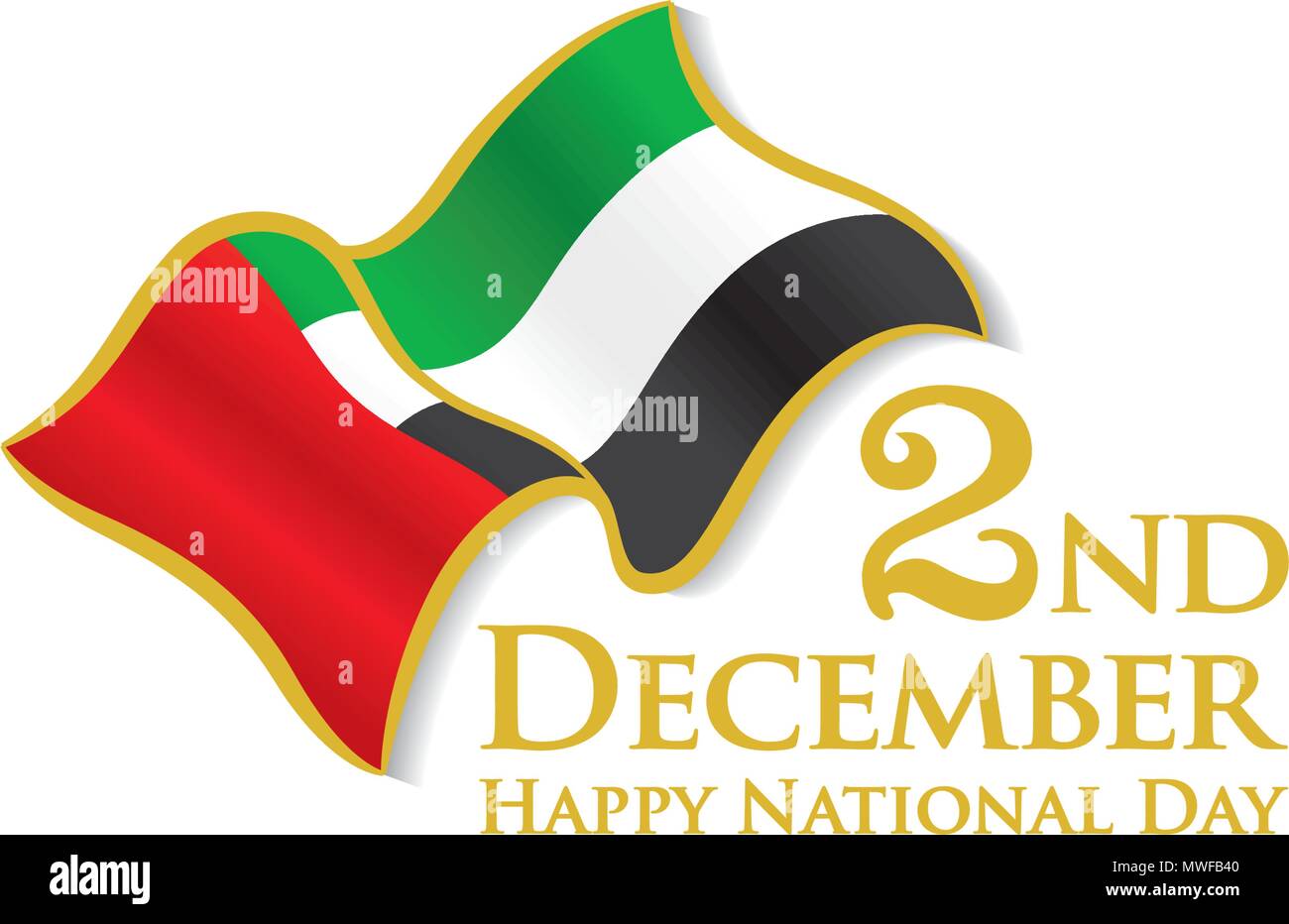 Emirati Arabi Uniti 2 Dicembre del logo con sventola Bandiera, vettore emblemi tipografiche & badge con sfondo bianco, un iscrizione in inglese 'felice giornata nazionale' Illustrazione Vettoriale
