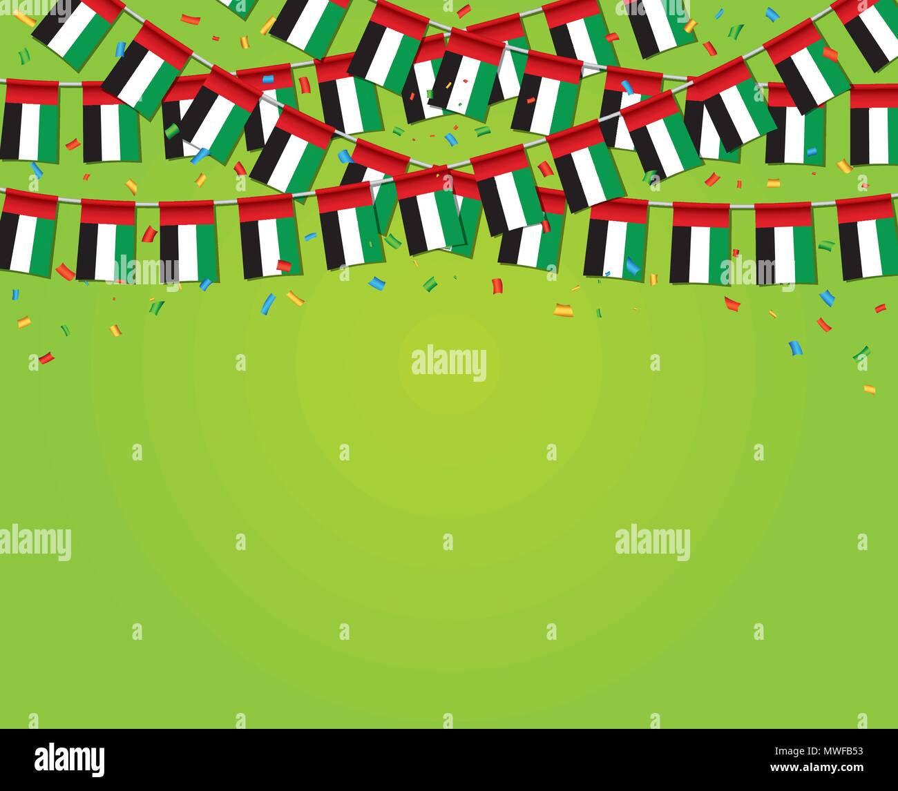 Garland bandiere degli EMIRATI ARABI UNITI con sfondo verde modello Banner appesi Bunting bandiere degli Emirati Arabi Uniti per la celebrazione della festa nazionale. Illustrazione Vettoriale Illustrazione Vettoriale