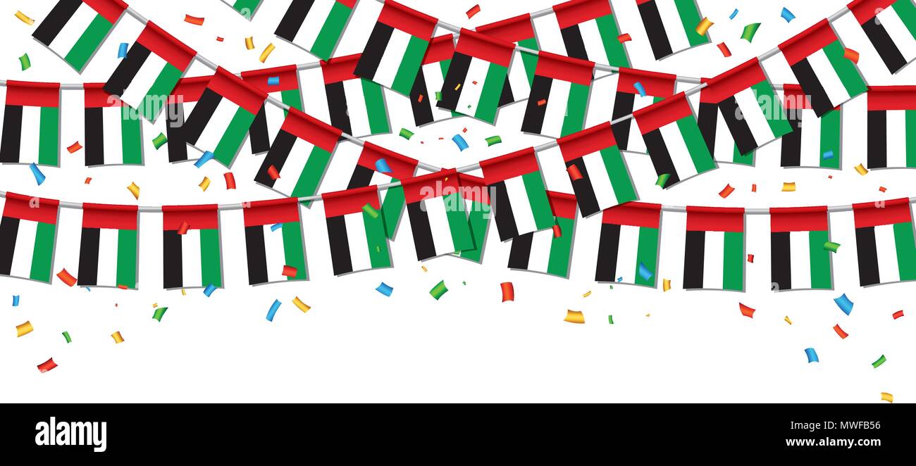 Garland bandiere degli EMIRATI ARABI UNITI con sfondo bianco modello, appeso Bunting bandiere degli Emirati Arabi Uniti per la celebrazione della festa nazionale. Illustrazione Vettoriale Illustrazione Vettoriale