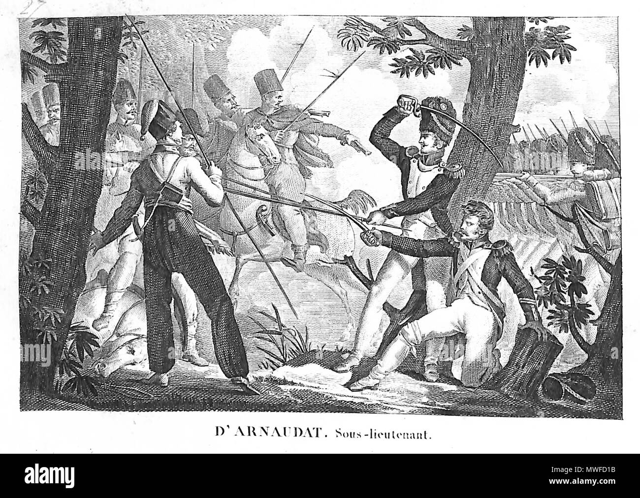 . Français : Le sous-tenente D'Arnaudat à la bataille de Leon le 9 mars 1814 . 1 gennaio 1823. Livre des Jeunes braves ou Étrennes militaires - Paris - Rapilly - 1823 312 Jean-Baptiste Darnaudat Foto Stock