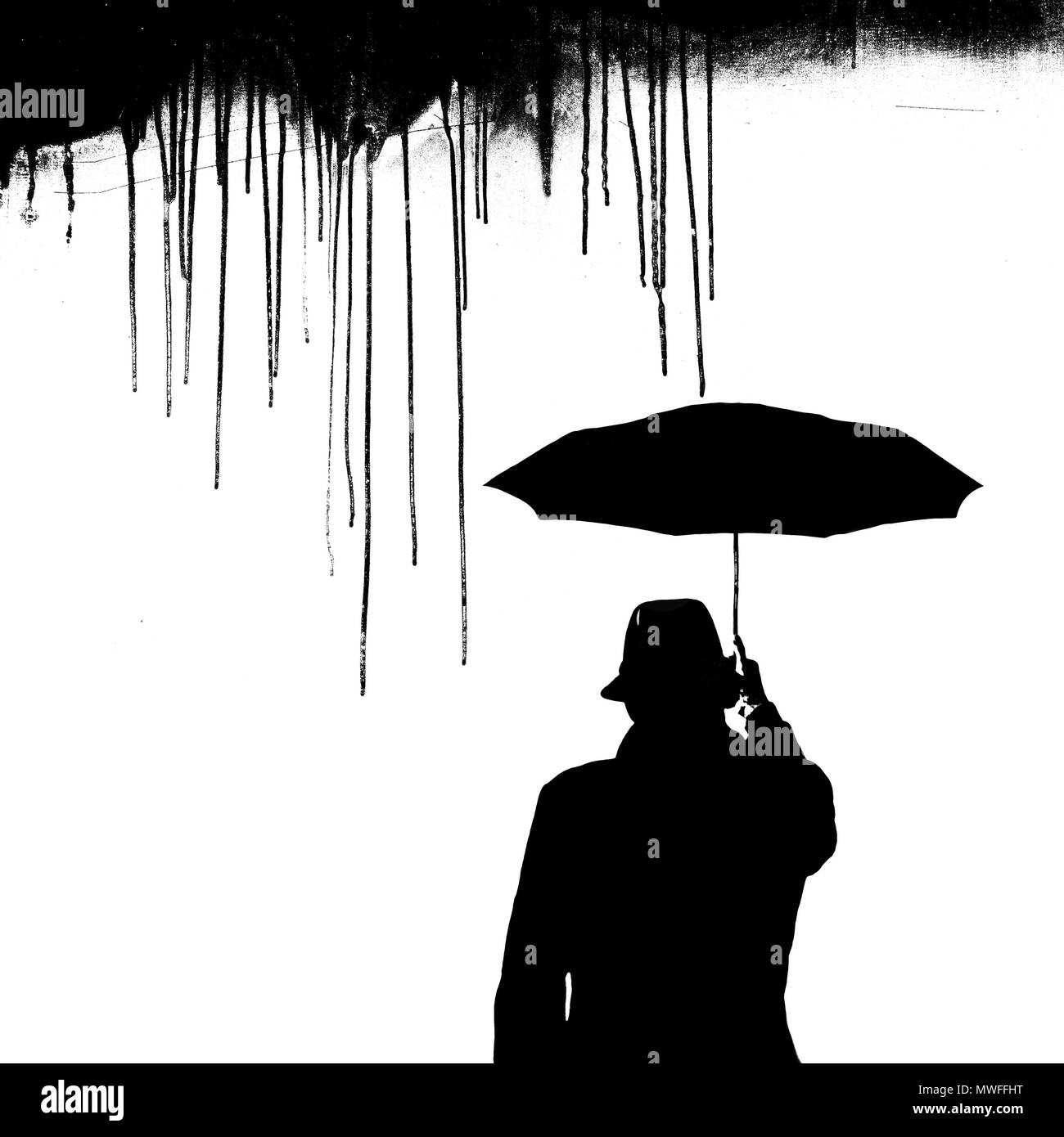 In bianco e nero l'uomo con il cappello e ombrello silhouette e  gocciolamento isolati su sfondo bianco. Elemento di design Foto stock -  Alamy