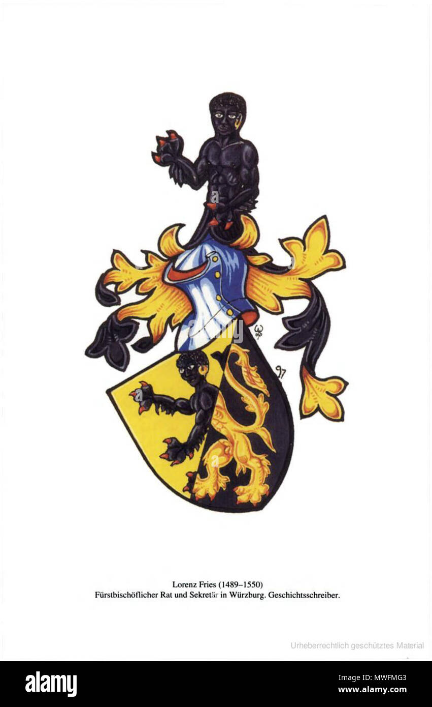 . Wappen des Lorenz Fries . Il XVI secolo. Zeichnung von Václav Vok Filip in "Einführung in die Heraldik', Steiner, Stuttgart 2000 376 Lorenz Fries Wappen Foto Stock