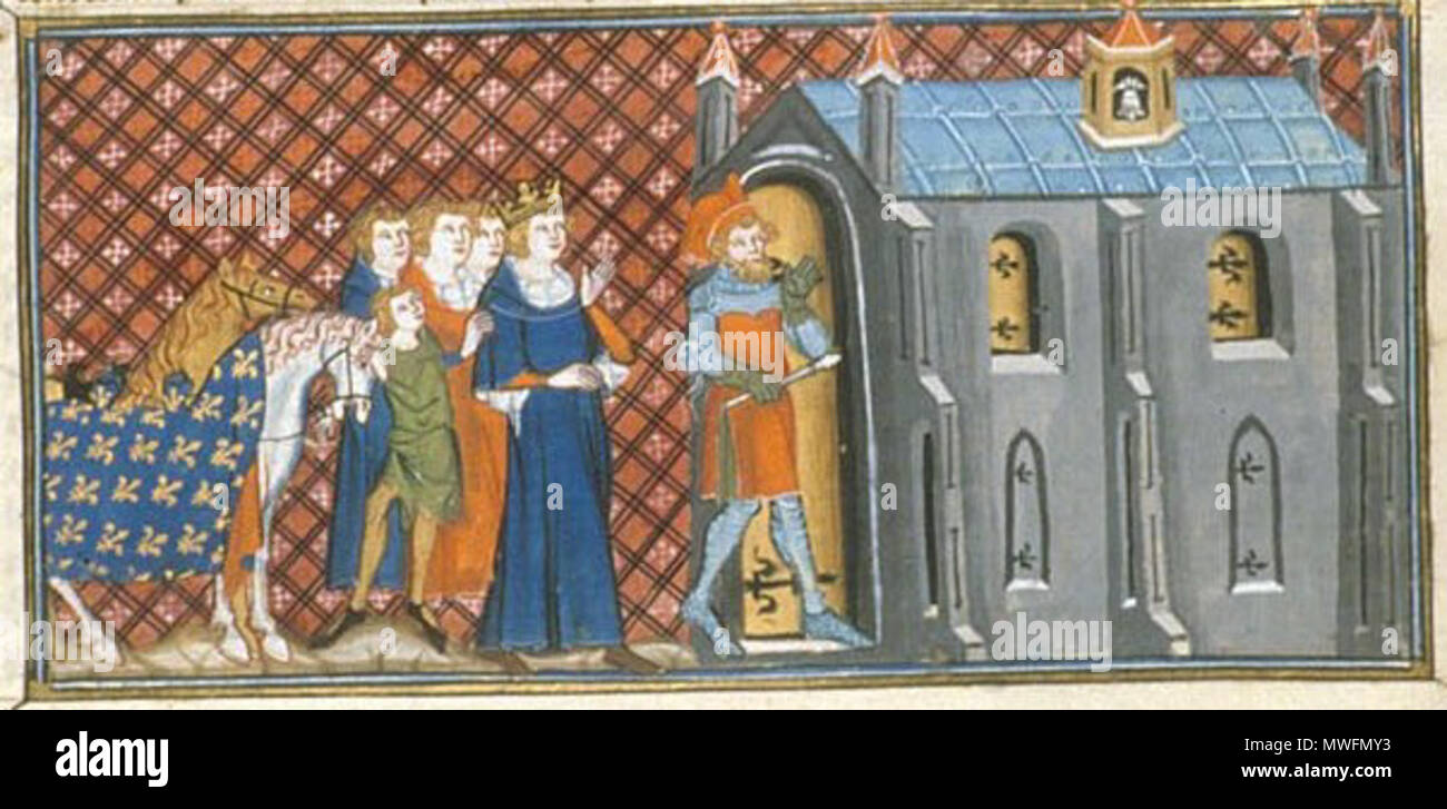 . Inglese: Louis le Gros visitare St Denis . Il XIV secolo (1332-1350). Chroniques de Saint-Denis (ou de France), British Library, Royal 16 G VI 378 Louis le Gros visitare St Denis Foto Stock