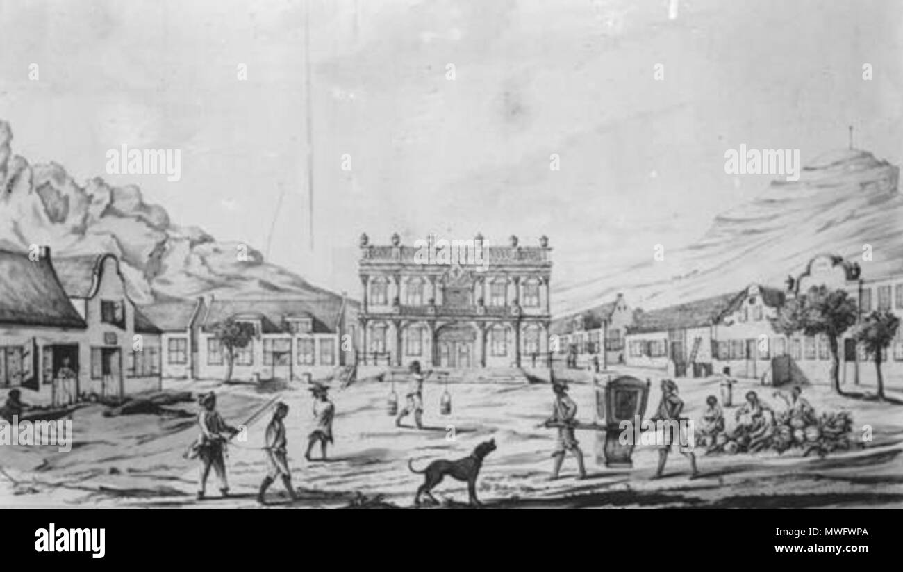 . Nederlands: Johannes RACH. Oud Burgerwacht-huis in Kaapstad. 1764. Tekening. Onbekend Verblijfplaats (Michaelis Collectie?). Afkomstig van http://web.uct.ac.za/depts/history/newsite/events.htm . 19 dicembre 2007 (originale data di caricamento) 319 Johannes Rasch oud burgerwachthuis Kaapstad Foto Stock