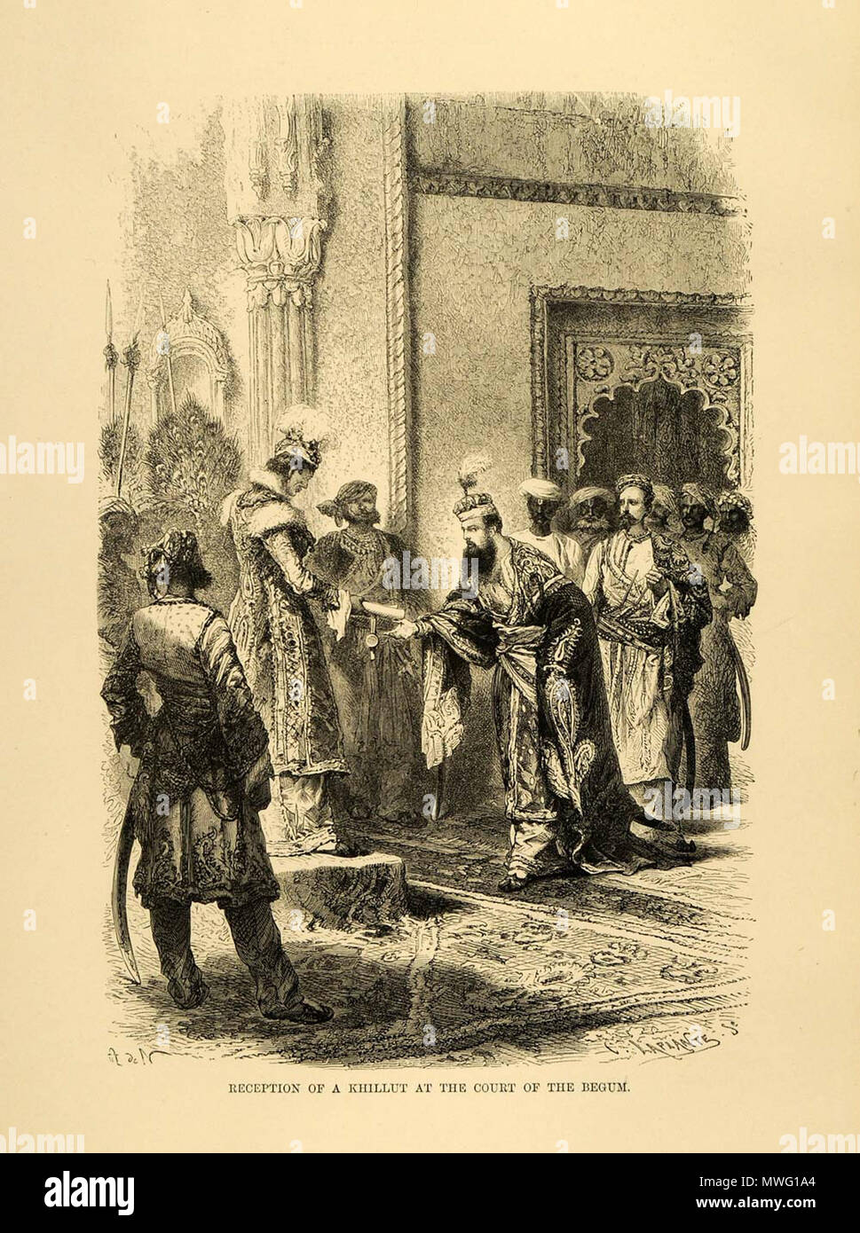 . Inglese: "Ricezione di un khillut [accappatoio di onore] presso la corte del iniziata,' una incisione da 1878 Fonte: ebay, giugno 2007 . 1878. Sconosciuto 339 Khilat1878 Foto Stock