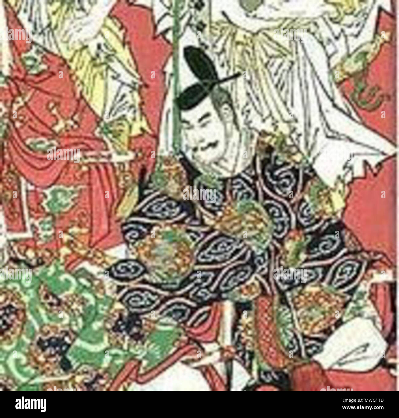 . Inglese: Imperatore Kōkaku ritagliate da 1878 incisione di Toyohara Chikanobu (1838 - 1912). Il pannello di sinistra di questo trittico presenta un'immagine dell'Imperatore Kōkau (vestito di nero). 1878. Toyohara Chikanobu (1838-1912) 343 Kokaku ritagliato Foto Stock