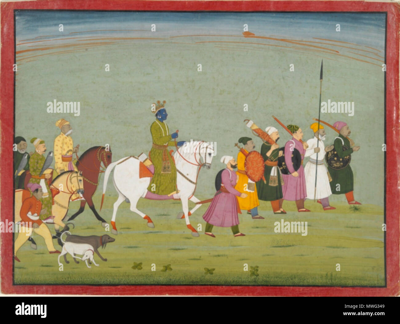 . Inglese: Krishna giostre per Kundulpur. Illustrazione da un Bhagavata Purana serie. ca. 1760 - 1765 Artista sconosciuto: la vera M. e John D. MacDonald, B.A. 1927, Raccolta, dono della sig.ra John D. MacDonald 2001.138.31 La Bhagavata Purana, 'l'antica storia di Dio", una cronaca di Vishnu, era un importante oggetto di Indiano dipinto in miniatura. Libri 10 e 11, che descrivono la carriera sulla terra di Vishnu l'ottava incarnazione, Krishna, erano spesso illustrato. Questa grande illustrazione proviene da una tale serie creata nel Punjab Hills, Stato di Basohli durante il terzo trimestre del xviii c Foto Stock