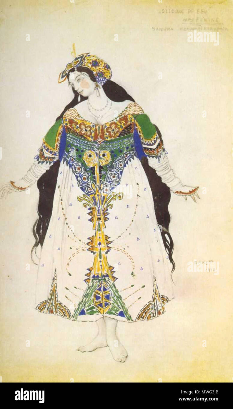 . Эскиз костюма царевны для *Жар-Птицы* и.Стравинского. 1910 Костюм Веры Фокиной в роли Прекрасной царевны. 1910. Бакст 352 L'Oiseau de Feu (Bakst) 01 Foto Stock