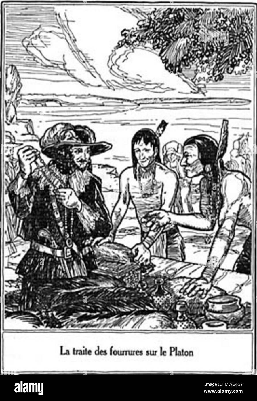 . Français : La traite des fourrures sur le Platon . Il 21 aprile 1931. Sulte, Benjamin. Fastes trifluviens : tableaux d'histoire trifluvienne sous le régime français. Trois-Rivières, Québec, 1931. 355 La traite des fourrures sur le Platon Foto Stock