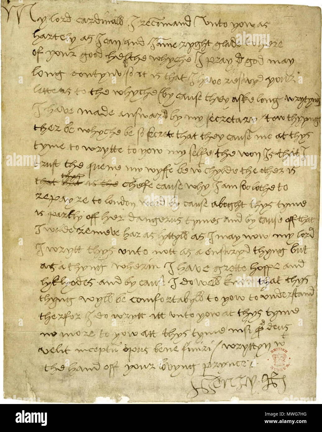 . Inglese: una lettera inviata nel giugno 1518 da Enrico VIII al Cardinale Wolsey, interamente in re la propria mano, per quanto riguarda il settimo e ultimo (e infine fallisce) gravidanza della sua prima moglie Caterina d'Aragona. La British Library, Cotone Ms. Vespasiano F III, f. 73 (ex, f. 34b). testo: wikisource . Giugno 1518. Henry VIII (1491-1547) Descrizione monarch re d'Inghilterra 1509-1547 Data di nascita e morte 28 Giugno 1491 28 gennaio 1547 Luogo di nascita e morte palazzo di Placentia Palace di Whitehall competente controllo : Q38370 VIAF: 172419710 ISNI: 0000 0001 2258 6127 ULAN: 500205051 LCCN: Foto Stock