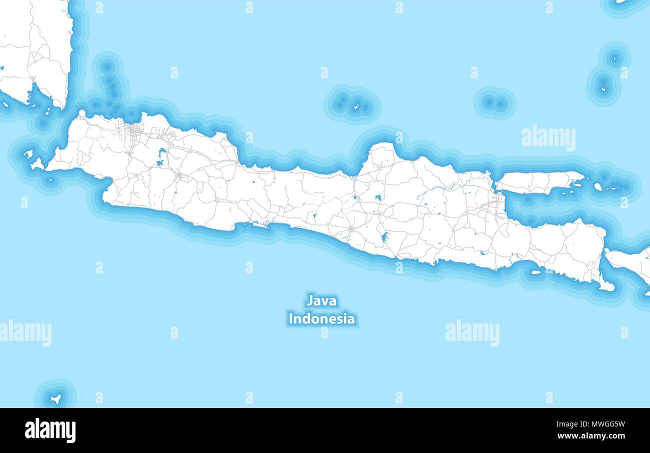 Due tonalità mappa dell'isola di Giava, in Indonesia con le maggiori autostrade e strade che circondano le isole e isolette Illustrazione Vettoriale