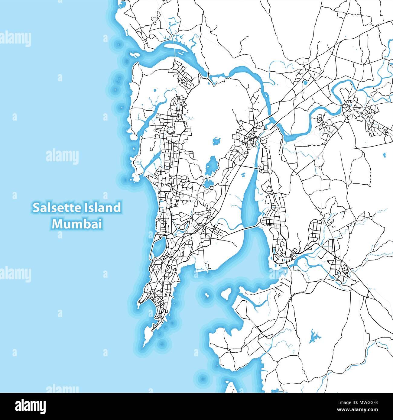 Due tonalità mappa dell'isola di Salsette, Mumbai, India con le maggiori autostrade e strade che circondano le isole e isolette Illustrazione Vettoriale