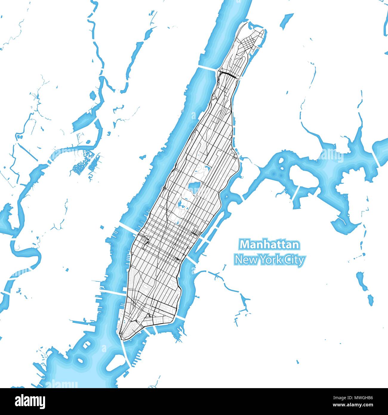 Mappa dell'isola di Manhattan, New York City, Indonesia con le maggiori autostrade e strade che circondano le isole e isolette Illustrazione Vettoriale