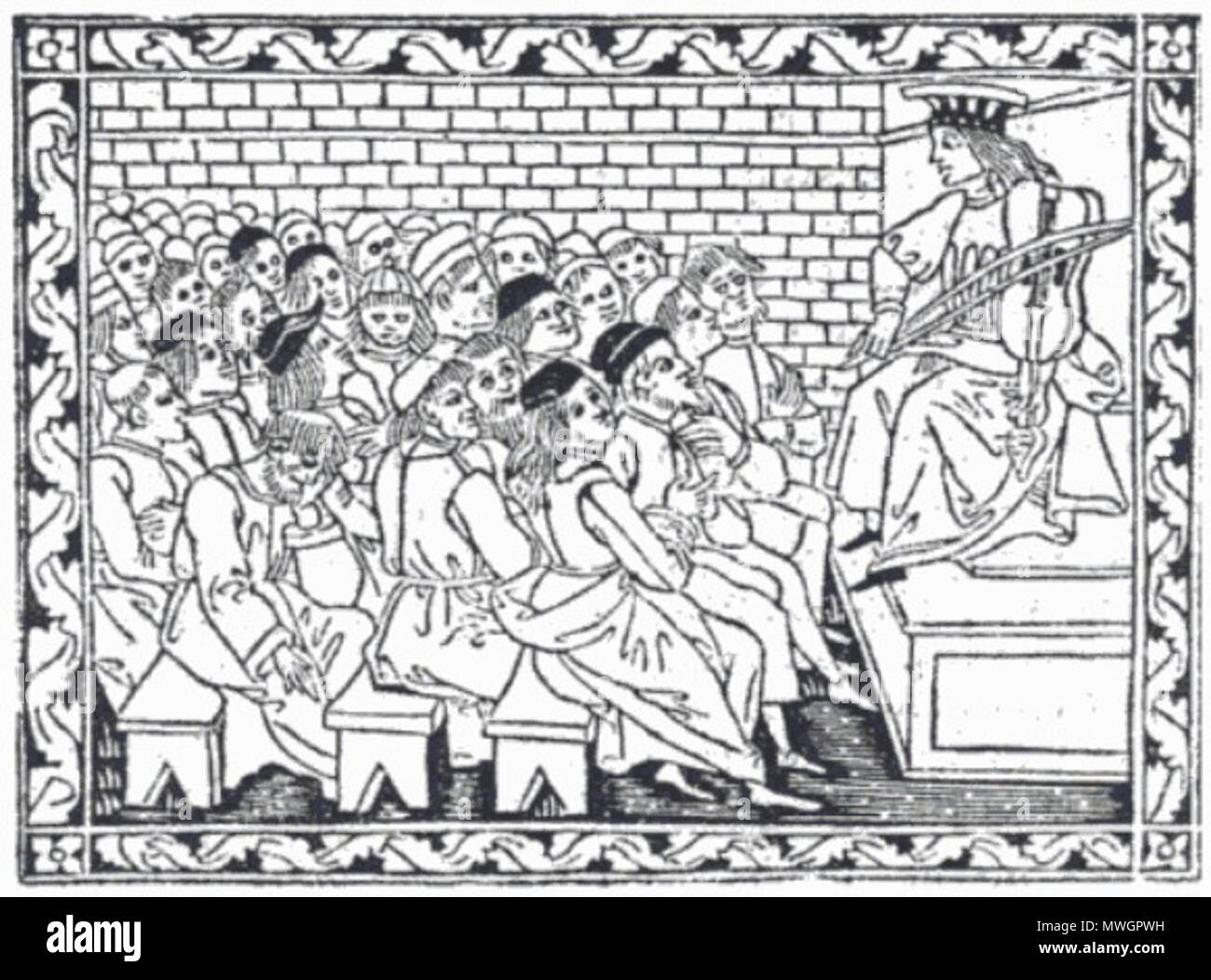 . Inglese: prestazioni con lira da braccio, si inginocchiò strumento del rinascimento italiano rappresentato in una xilografia di Luigi Pulci cca. 1500. Il 20 gennaio 2012. Luigi Pulci cca. 1500 381 Luigi Pulci Lira da braccio Foto Stock