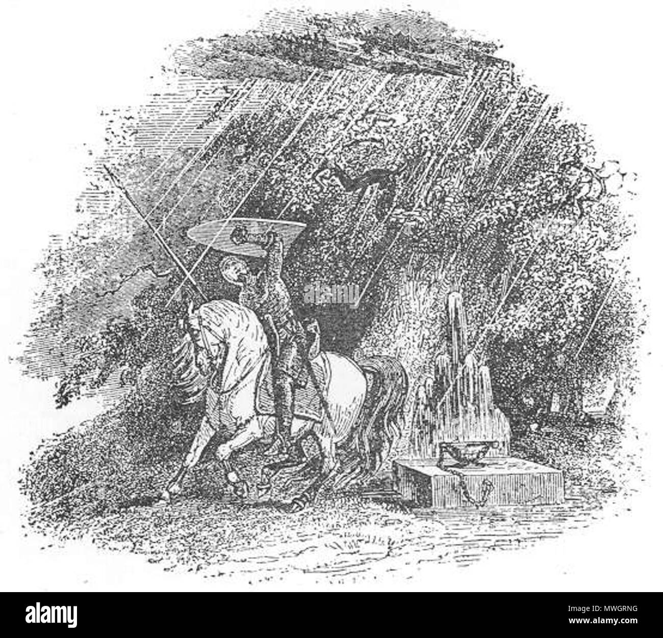 . Un'immagine o di Owain o Cynon proteggere se stessi da una grandinata soprannaturale che precede la venuta del cavaliere nero. Preso dal 1902 edizione del Mabinogion edito da Owen Morgan Edwards, dalla traduzione originale da Charlotte Guest. 1902 o prima. S. Williams 384 Mabinogion - Owain o Cynon rifugio da una tempesta di grandine Foto Stock