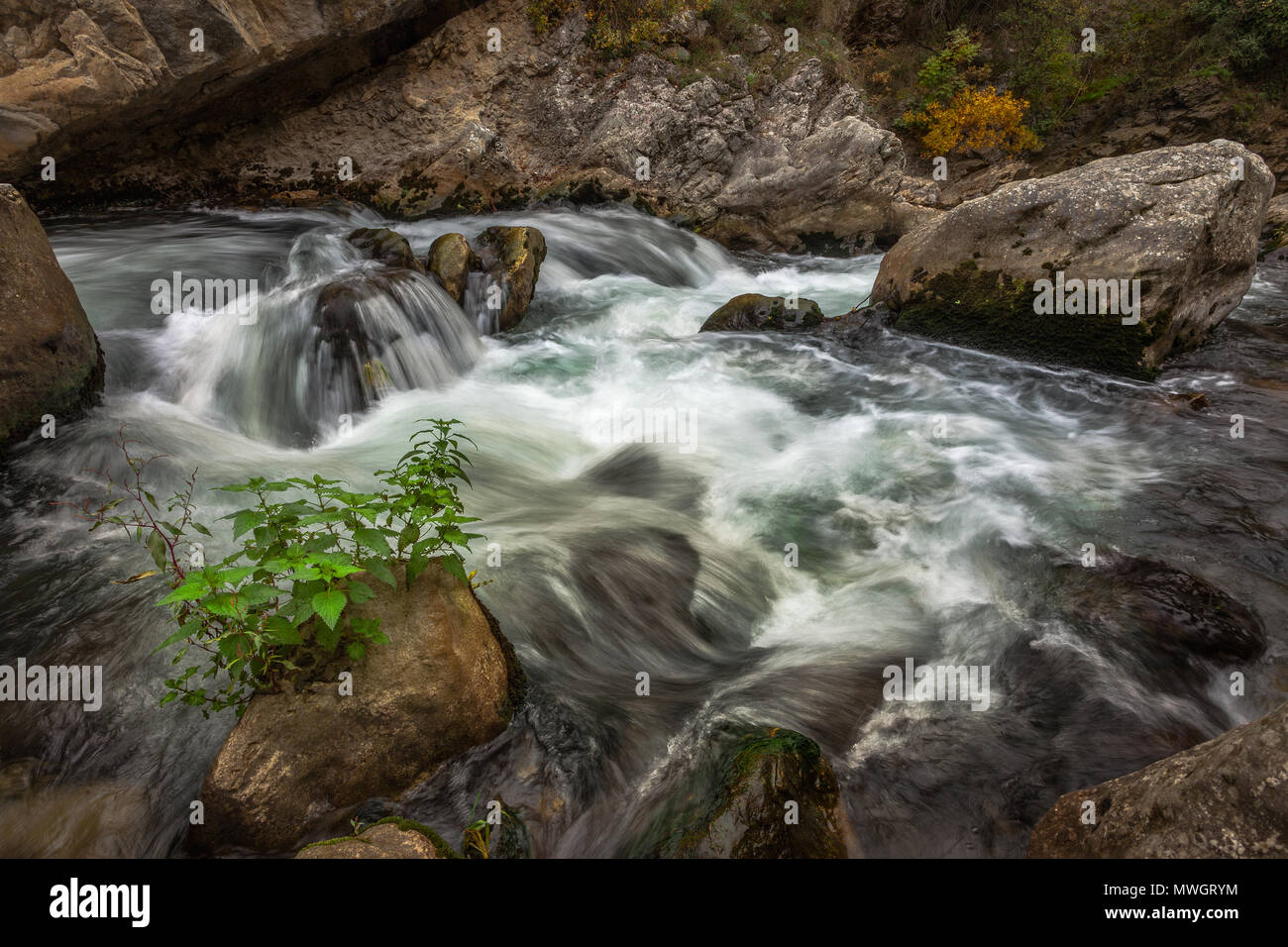 Fiume Aterno nelle gole di San Venanzio, Raiano, Abruzzo Foto Stock