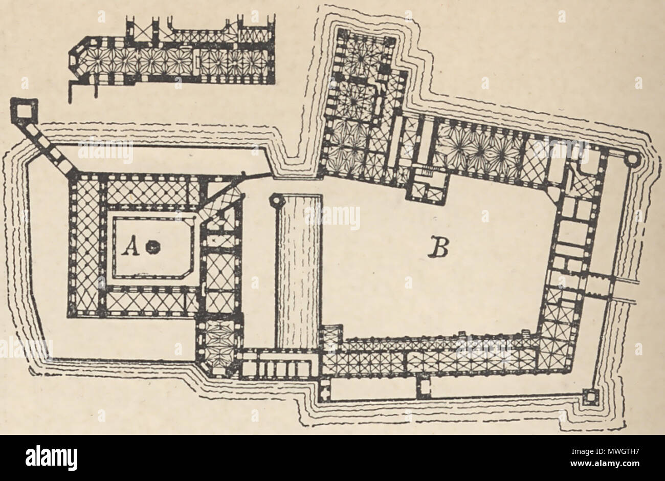 . Inglese: Mappa piano terra nel castello di Malbork Polski: Zamek w Malborku, Wysoki Zamek (A) ho Zamek Średni (B), piano przyziemia. Brockhaus, 1892 Deutsch: Grundriß von Schloß Marienburg . Originariamente caricato polacco di Wikipedia da pl:User:Topory giu 24, 2004 389 Malborg piano zamku przyziemia Foto Stock