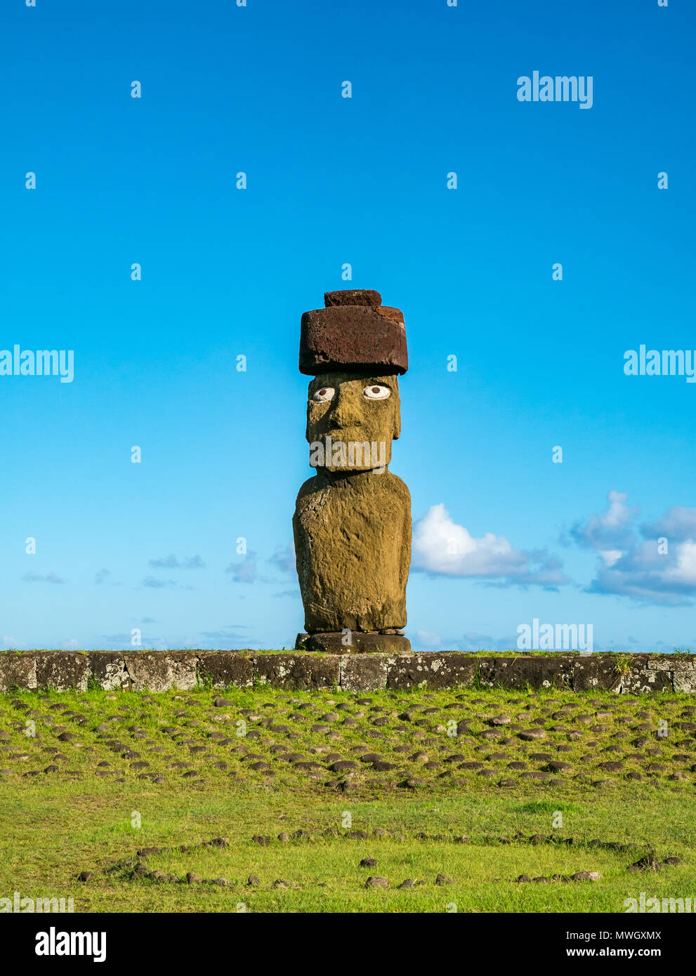 Ahu Ko Te Riku Moai figura con topknot, Ahu Tahai Moai complessa, Hanga Roa, Isola di Pasqua, Cile Foto Stock
