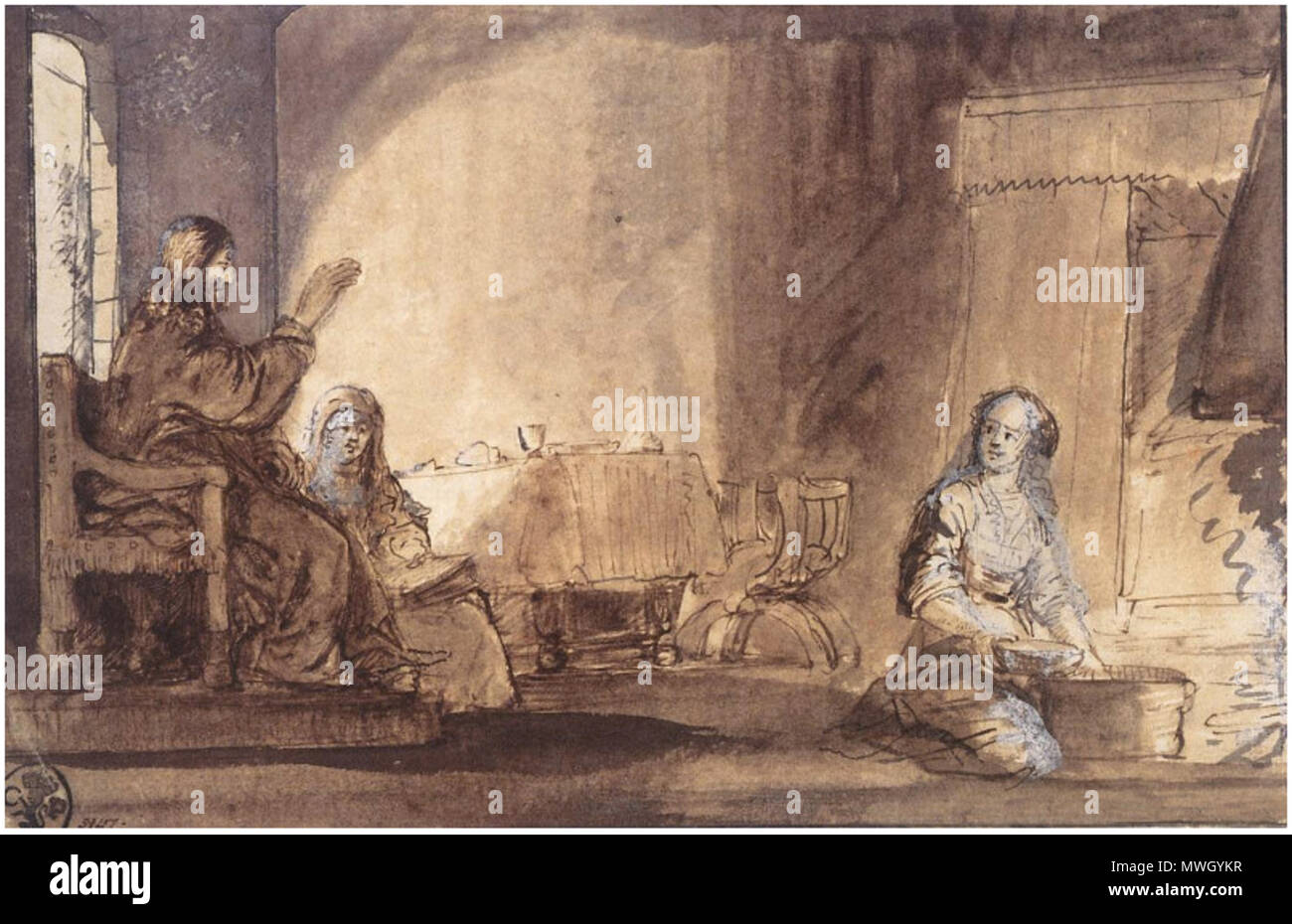 . Inglese: Disegno di Gesù, di Maria e di Marta attribuito a Rembrandt . tra 1606 e 1669. Rembrandt (?) 400 di Marta e di Maria ai piedi di Gesù Foto Stock