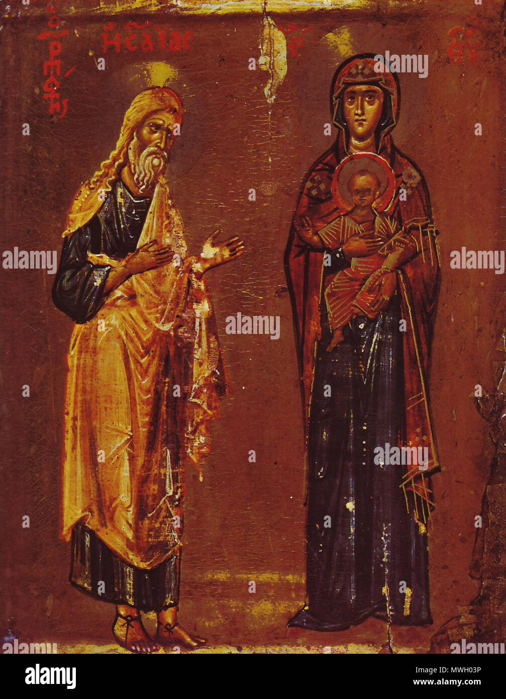 . Deutsch: Jesaja und Maria mit dem Tipo: eine "Gottesmutter vom brennenden Dornbusch' aus einer Serie von zehn erhaltenen jeweils mit identischen Madonnen und wechselnden Anbetenden. Ikone aus dem frühen 13. Jahrhundert. 23 x 18,5 cm inglese: Isaia adorare la Vergine Maria e Gesù Bambino, raffigurato come "Madre di Dio del roveto ardente". Da una serie di dieci icone simili con identici Madonne e variando adorando figure. Inizio del XIII secolo. 23 x 18,5 cm Français : Isaïe et Marie qui est presentée en style 'Mère de Dieu du Buisson ardente". Icône d'une serie de 10 avec identiques immagini Foto Stock