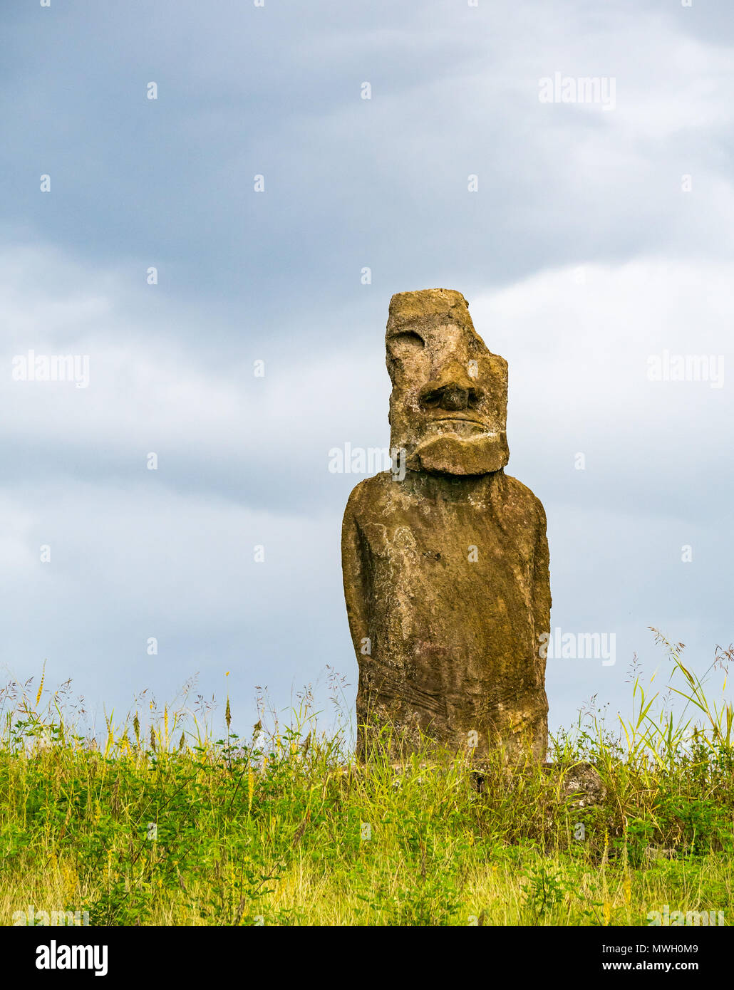 Tufo vulcanico rock Moai figura scultura a Ahu Huri un Urenga, Isola di Pasqua, Cile Foto Stock