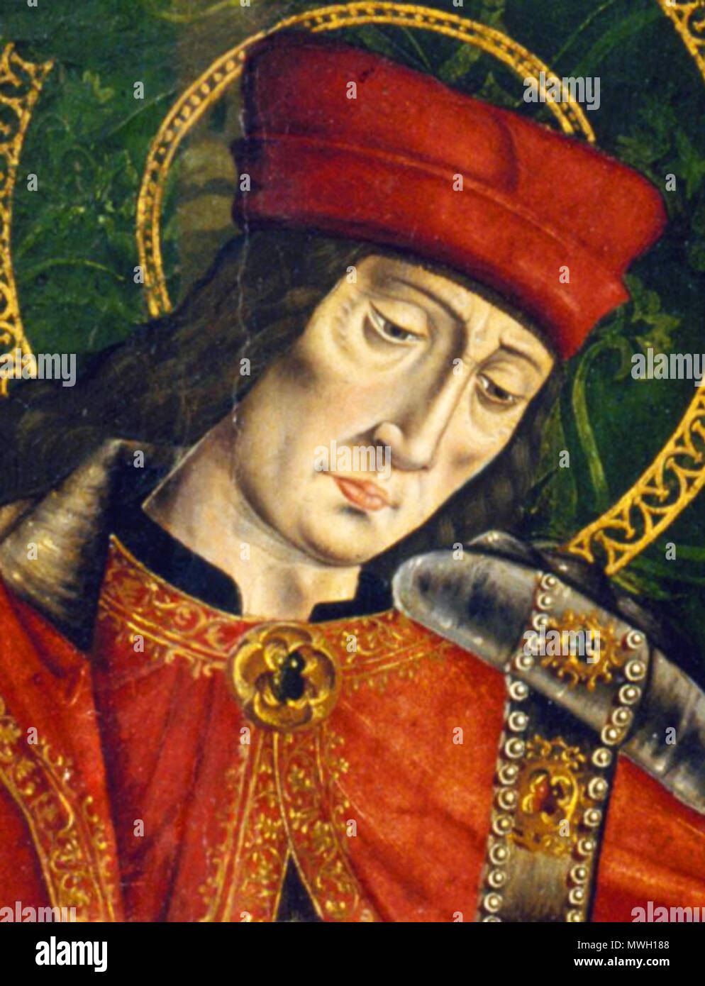 . Inglese: un verger's dream: Santi Cosma e Damiano di eseguire una cura miracolosa dal trapianto di una gamba. Pittura di olio attribuito al Maestro di Los Balbases. Questo frammento ci mostra San Damiano. circa 1495. Maestro di Los Balbases 405 Master di Los Balbases - Santi Cosma e Damiano - frammento Foto Stock