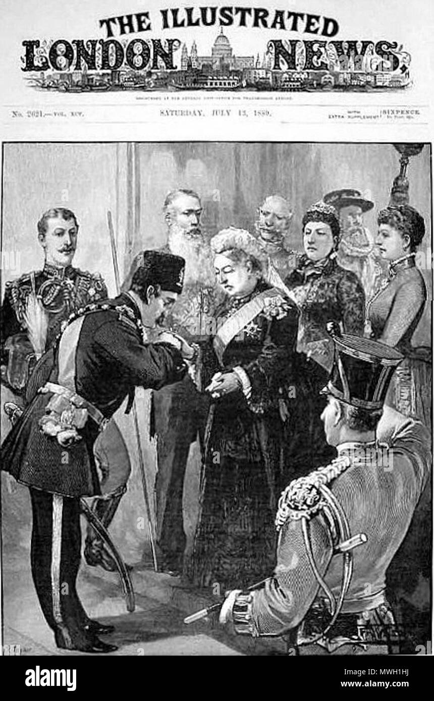 . Inglese: Naser al-Din Shah kiss Queen Victoria da copertina datata 13 luglio 1859. فارسی: ناصرالدین شاه قاجار در دیدار با ملکه ویکتوریا; تصویر روی جلد مجله اخبار مصور لندن در تاریخ ۲۲ تیر ۱۲۳۸ هجری خورشیدی (۱۳ ژوئیه ۱۸۵۹ میلادی) . 6 marzo 2006, 11:21:57. en:Zereshk 438 Naser kiss queen Foto Stock