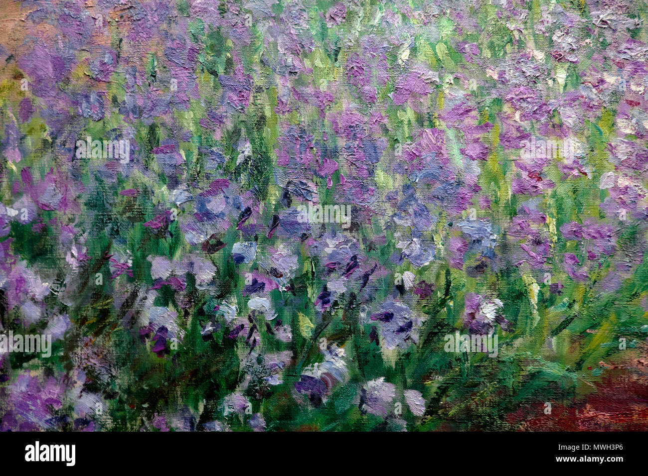 Dettaglio di Claude Monet viola iris iris fiore dipinto 'le jardin de l'artiste à Giverny' al Giardino degli Artisti a Giverny in Francia Europa Foto Stock