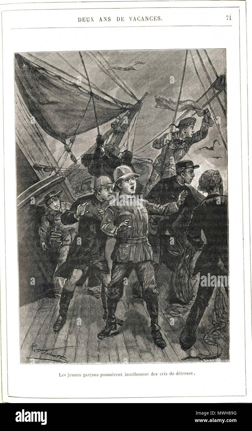 . Français : Magasin d'Education et de récréation 1888, 1er semestre, illustrazione de Léon Benet pour le roman 'Deux ans de vacances' de Jules Verne . Il 30 luglio 2016. Léon Benet 412 MER 1888 2ans vacances Foto Stock