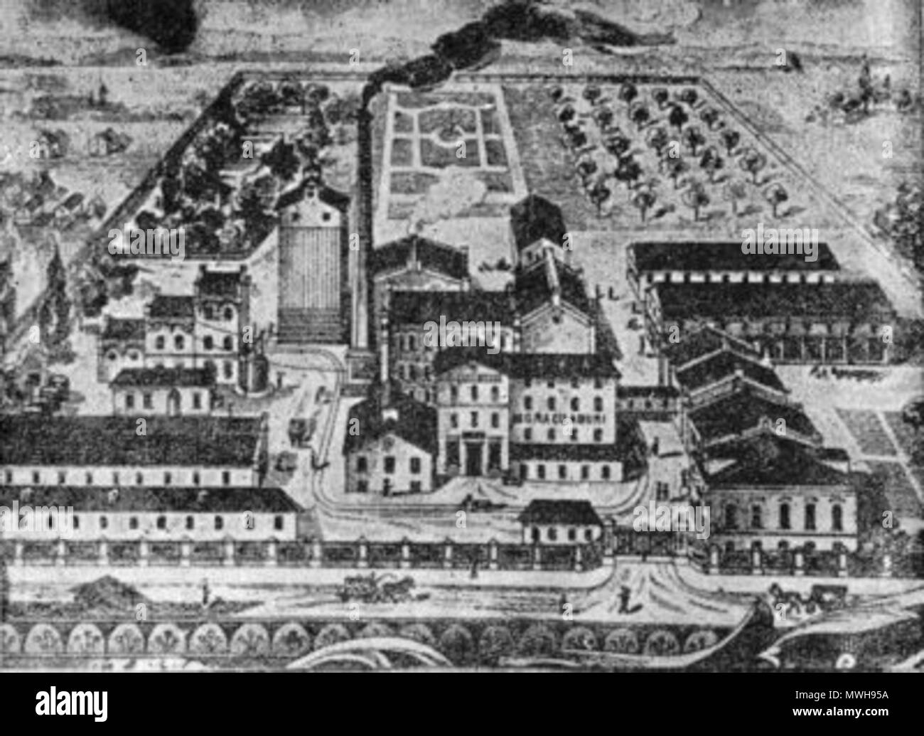 . Inglese: Assan's Mill, antica incisione questa è una foto di un monumento storico in București, classificati con il numero B-II-m-A-19692 . Il 4 gennaio 2012. Sconosciuto 421 Moara lui Assan ilustratie Foto Stock