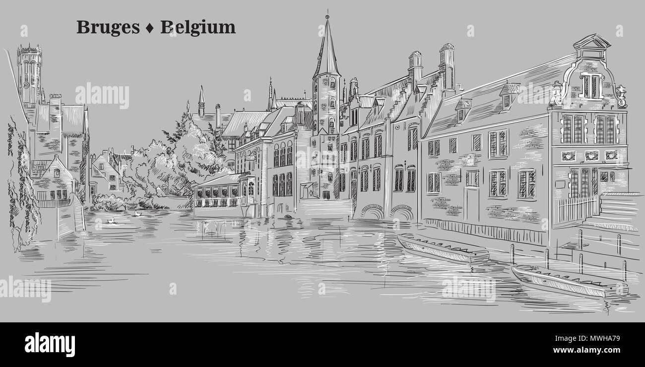 Vista su acqua di Rozenhoedkaai canal a Bruges, Belgio. Punto di riferimento del Belgio. Vettore di disegno a mano illustrazione nei colori bianco e nero isolato su grigio Illustrazione Vettoriale