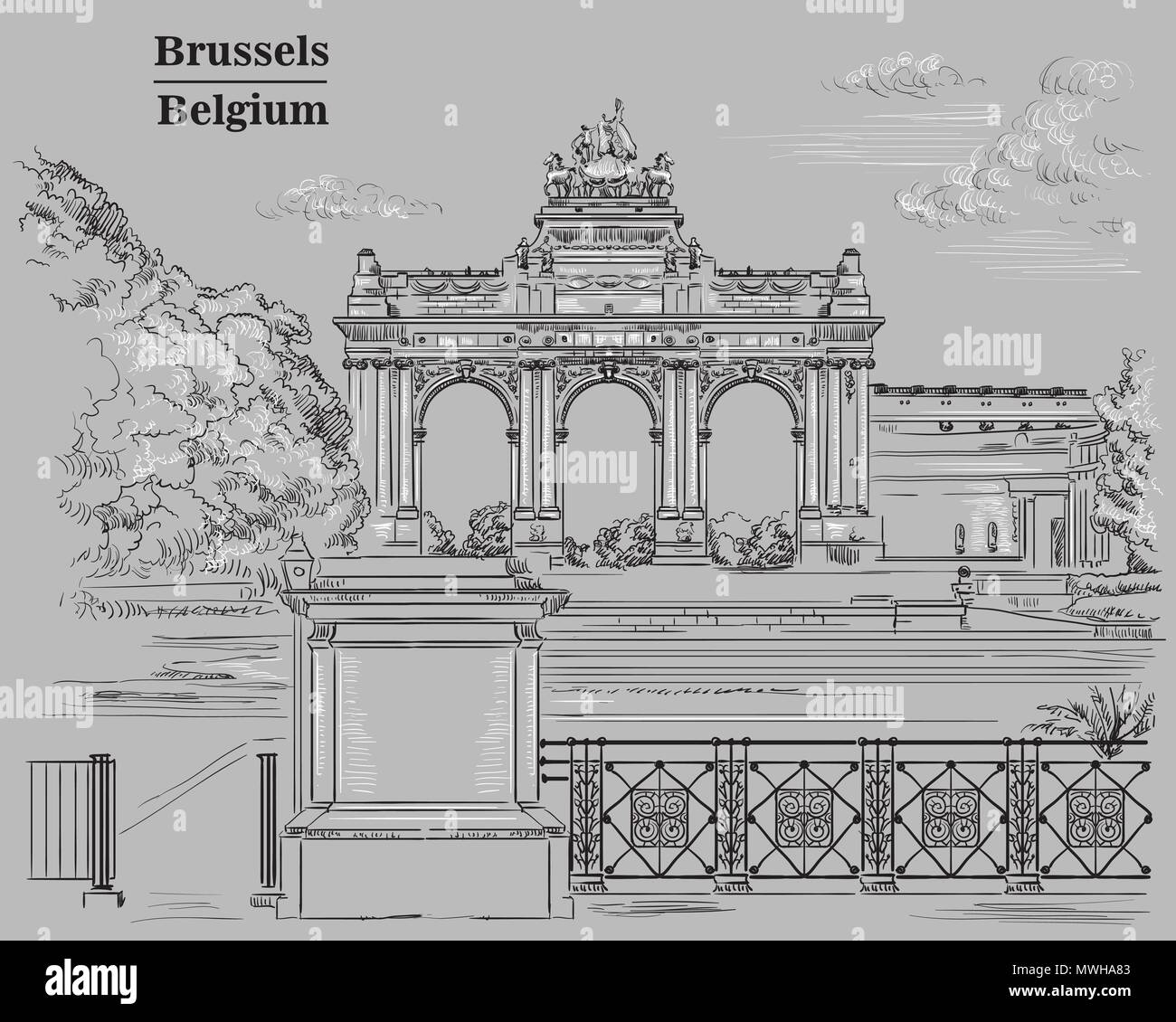 L'arco trionfale nel parco del Cinquantenario a Bruxelles (Belgio). Punto di riferimento di Bruxelles. Il vettore del disegno a mano illustrazione monocromatica è Illustrazione Vettoriale