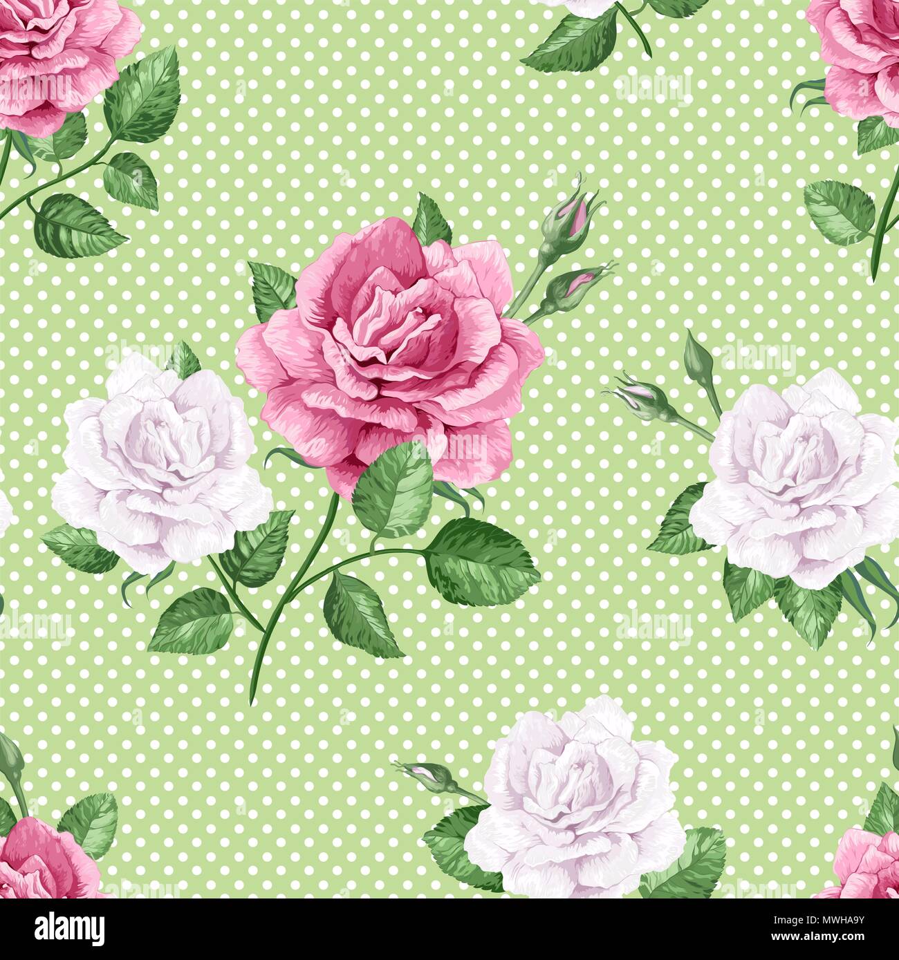 Rose fiori, petali e foglie in stile acquerello su verdi punteggiate sfondo. Modello senza giunture per i tessili, la carta di avvolgimento, confezione Illustrazione Vettoriale