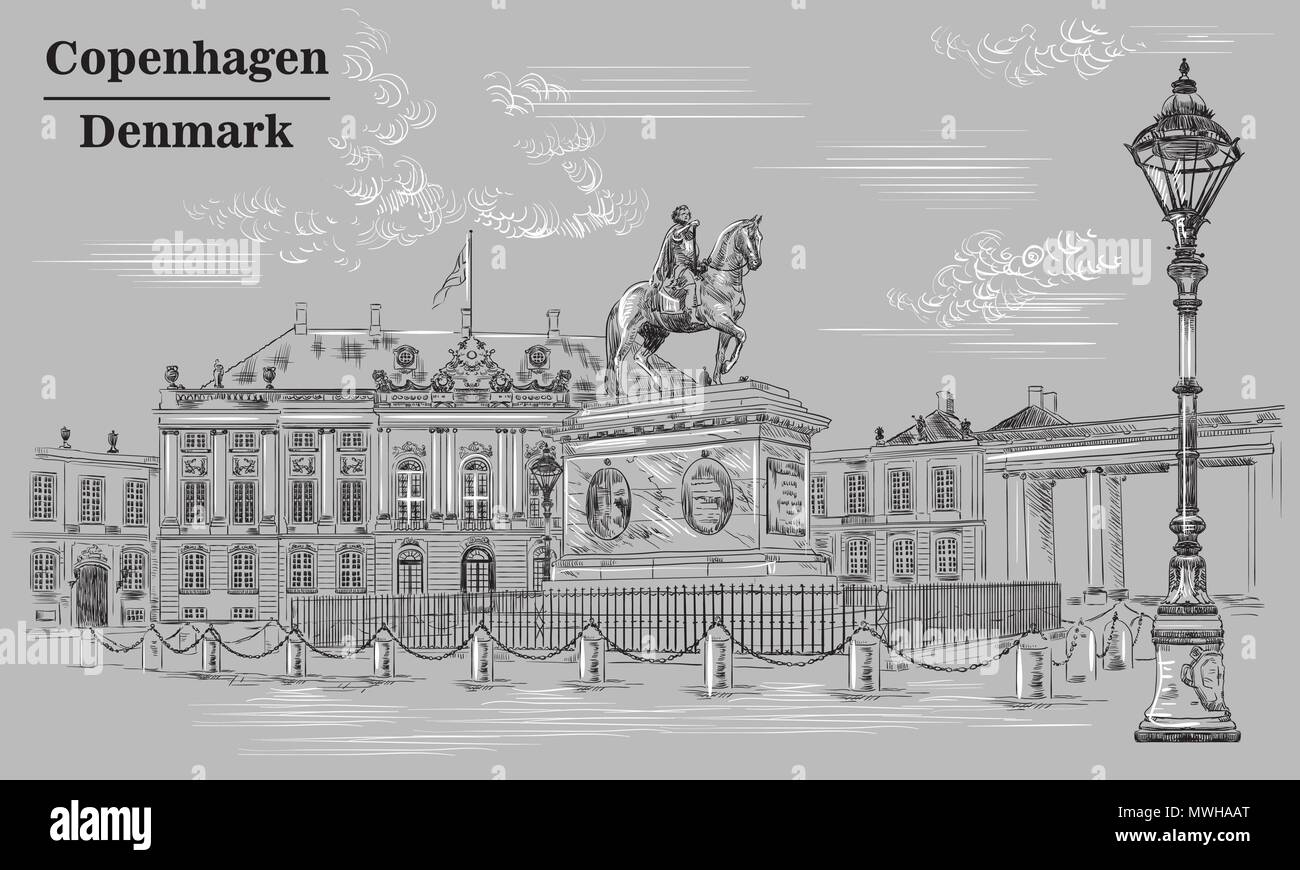 Amalienborg Square di Copenhagen, Danimarca. Punto di riferimento della Danimarca. Vettore di disegno a mano illustrazione nei colori bianco e nero isolato su sfondo grigio Illustrazione Vettoriale