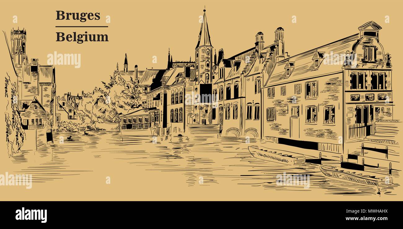 Vista su acqua di Rozenhoedkaai canal a Bruges, Belgio. Punto di riferimento del Belgio. Vettore di disegno a mano illustrazione in colore nero isolato su backgroun marrone Illustrazione Vettoriale