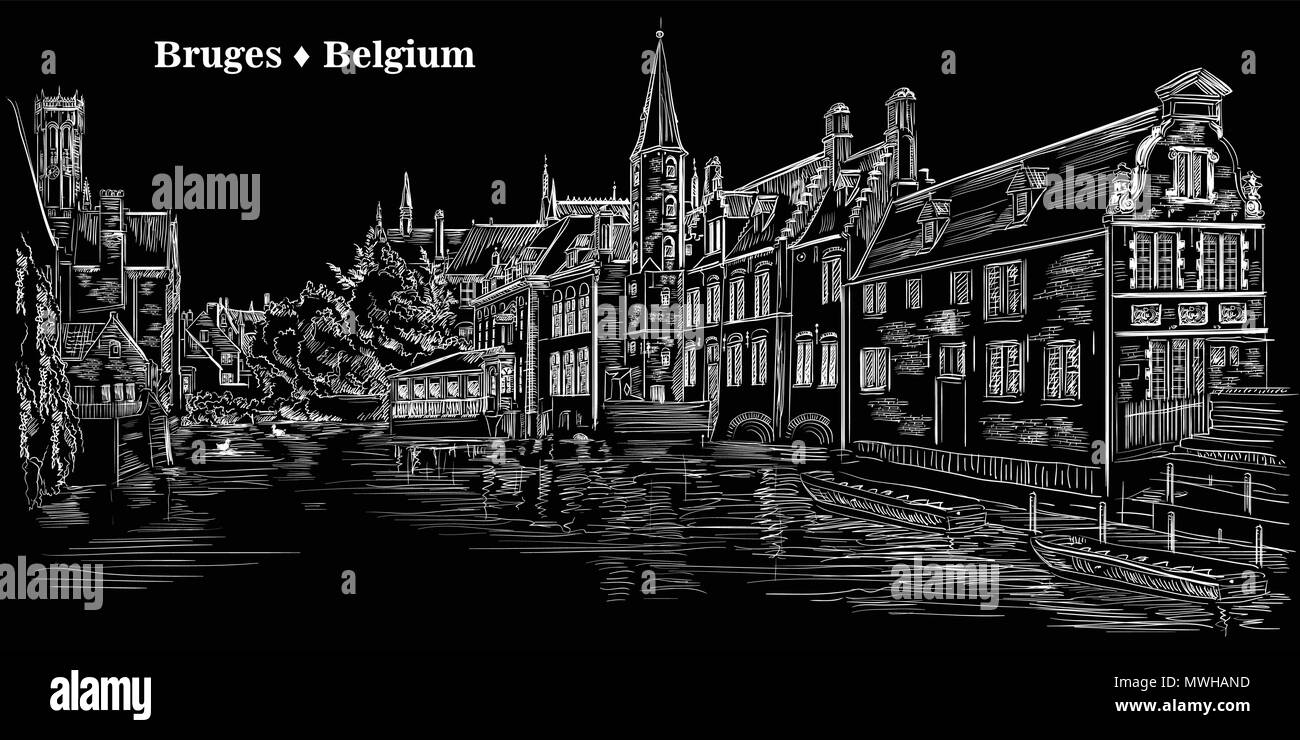 Vista su acqua di Rozenhoedkaai canal a Bruges, Belgio. Punto di riferimento del Belgio. Vettore di disegno a mano illustrazione in colore bianco isolato su backgroun nero Illustrazione Vettoriale