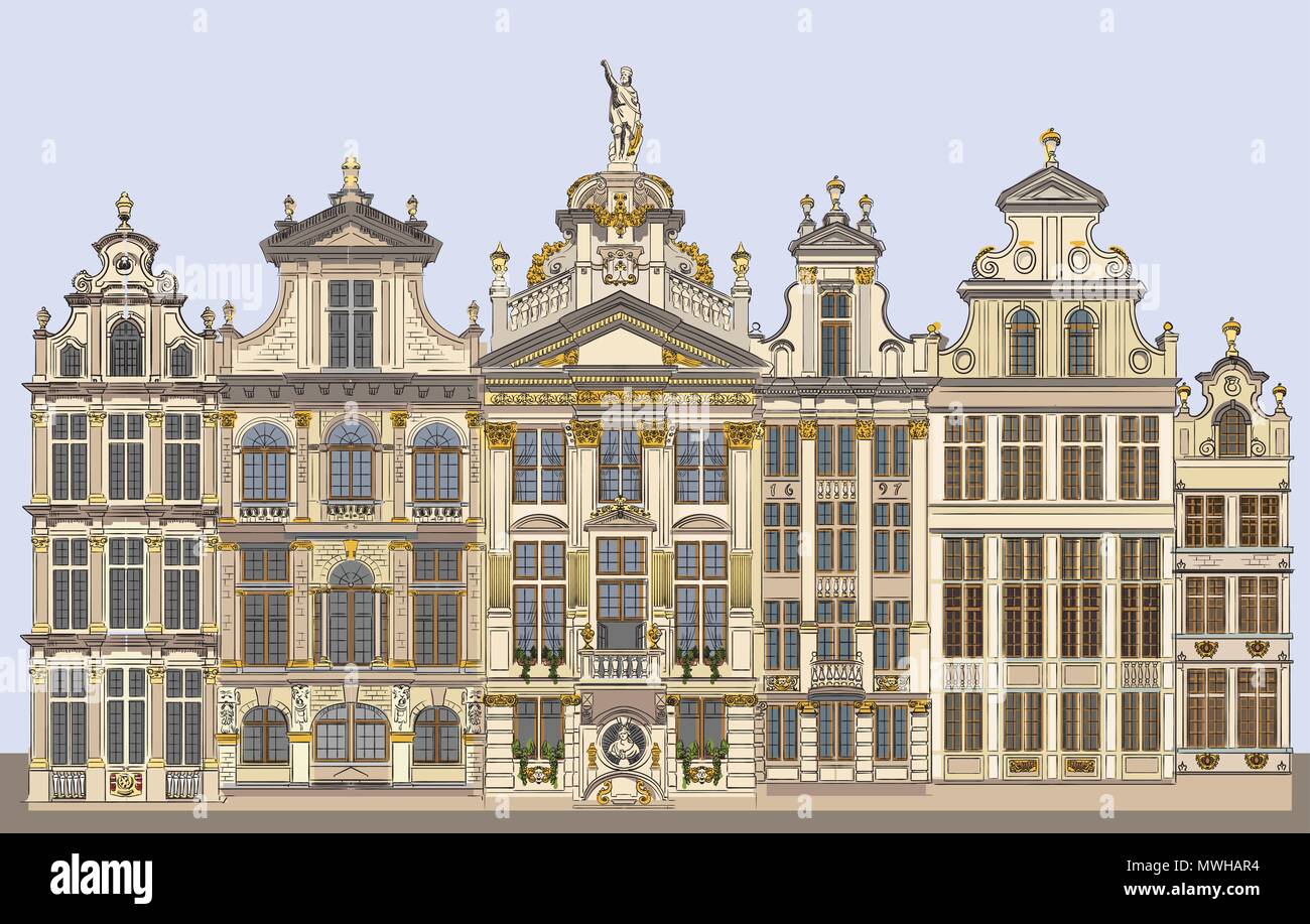 La Grand Place di Bruxelles in Belgio. Punto di riferimento del Belgio. Vettore colorato disegno a mano illustrazione isolato su sfondo blu. Illustrazione Vettoriale