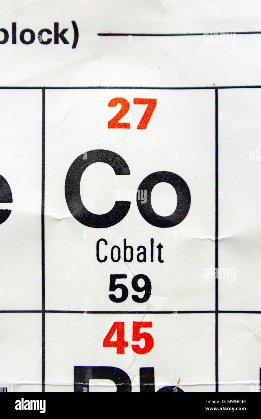 L'elemento di cobalto (Co) come su di una tavola periodica come grafico utilizzato in una scuola del Regno Unito. Foto Stock