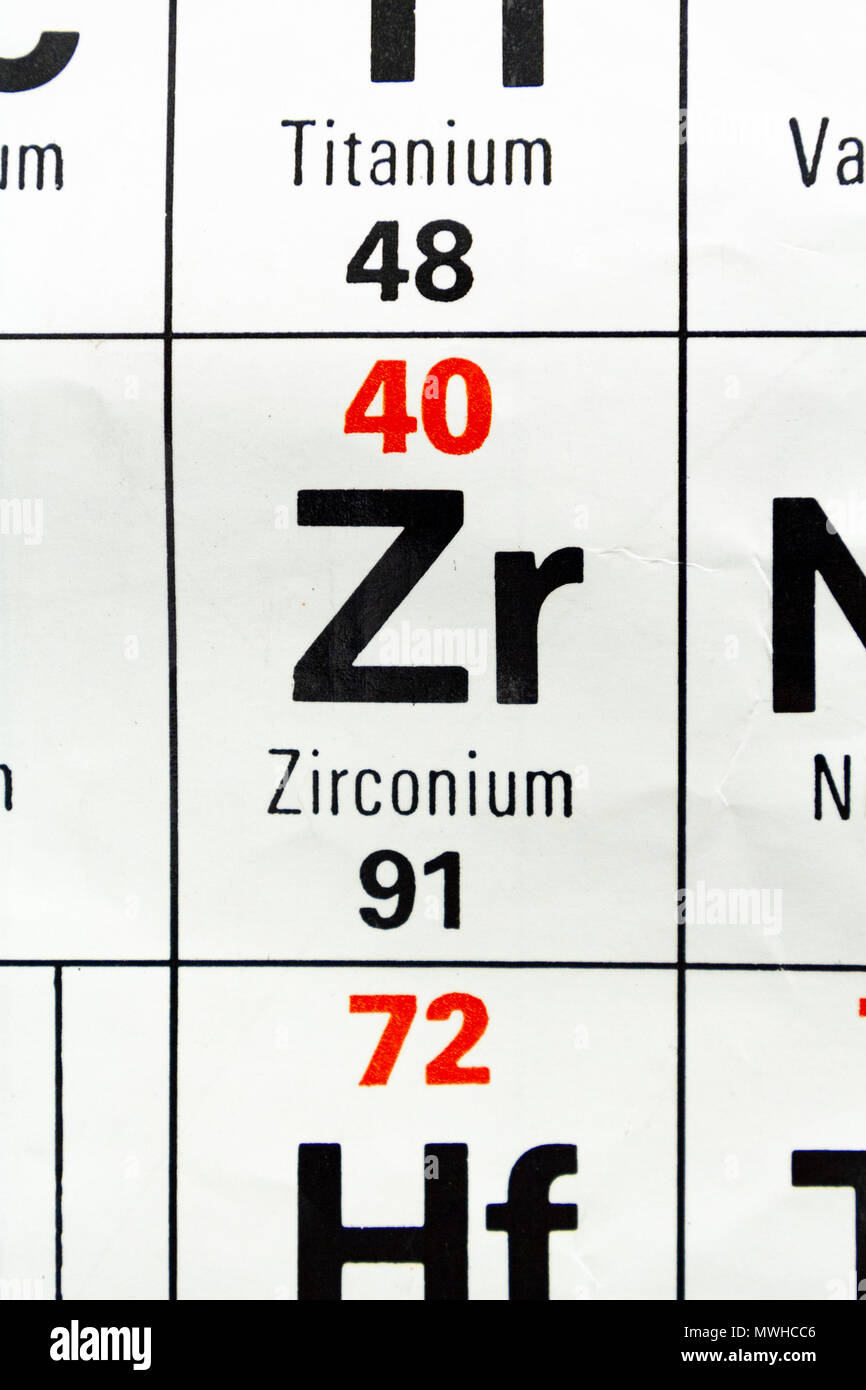L'elemento zirconio (Zr) come su di una tavola periodica come grafico utilizzato in una scuola del Regno Unito. Foto Stock
