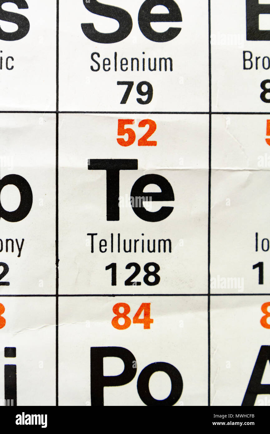 L'elemento tellurio (Te) come su di una tavola periodica come grafico utilizzato in una scuola del Regno Unito. Foto Stock