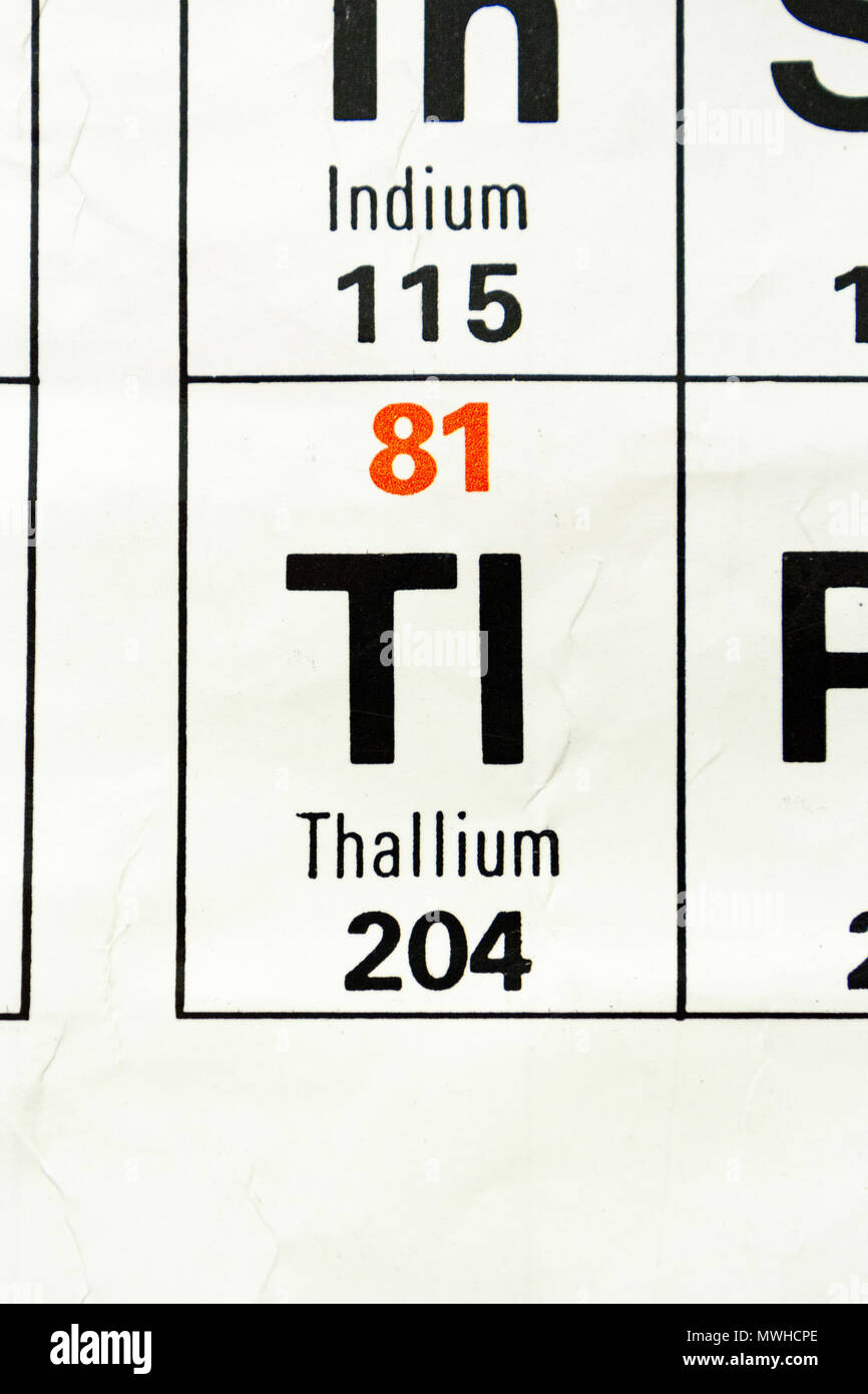 L'elemento Tallio (Tl) come su di una tavola periodica come grafico utilizzato in una scuola del Regno Unito. Foto Stock