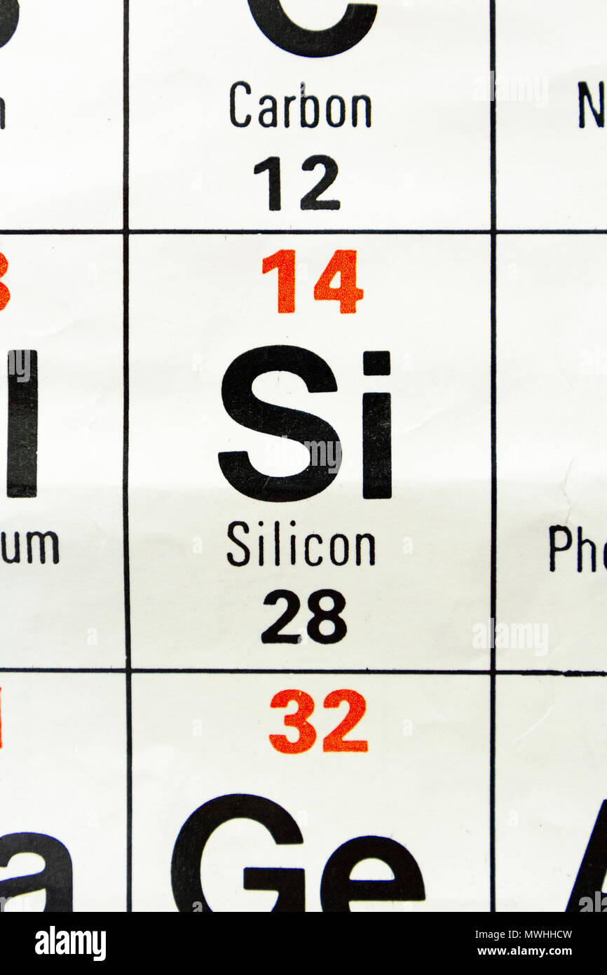 Il silicio (Si) come appare un Regno Unito scuola secondaria Tavola Periodica. Foto Stock