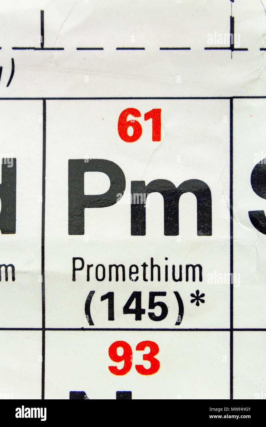 Promezio (Pm) come appare un Regno Unito scuola secondaria Tavola Periodica. Foto Stock