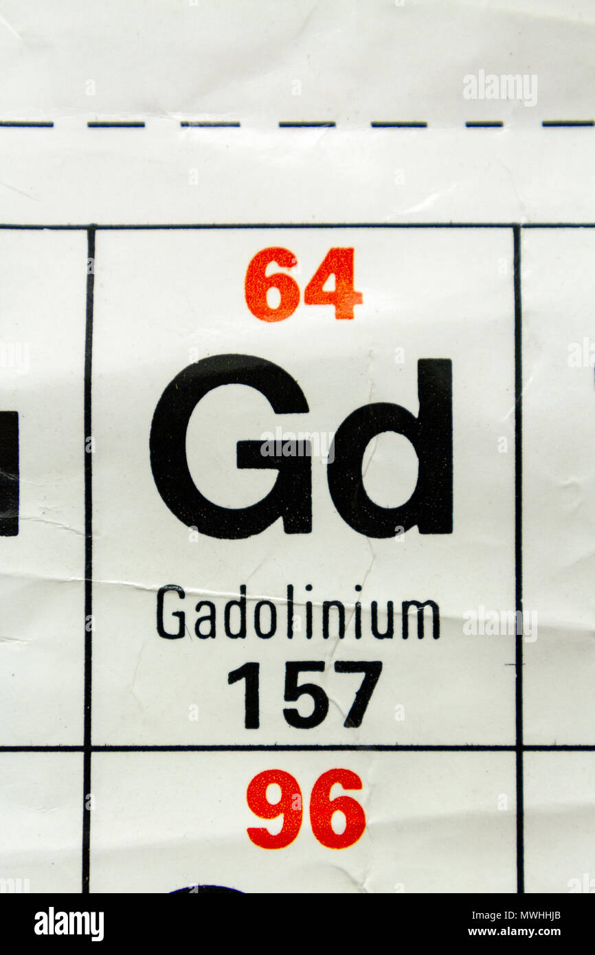 Il gadolinio (Gd) come appare un Regno Unito scuola secondaria Tavola Periodica. Foto Stock