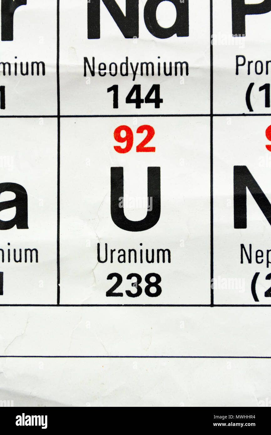 Uranio (U) come appare un Regno Unito scuola secondaria Tavola Periodica. Foto Stock