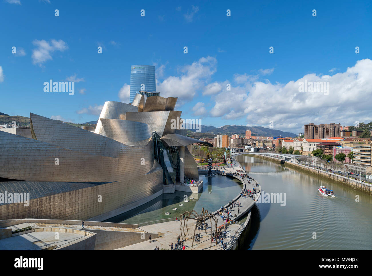 Guggenheim di Bilbao. Il Museo Guggenheim e il fiume Nervion, Bilbao, Paesi Baschi Foto Stock