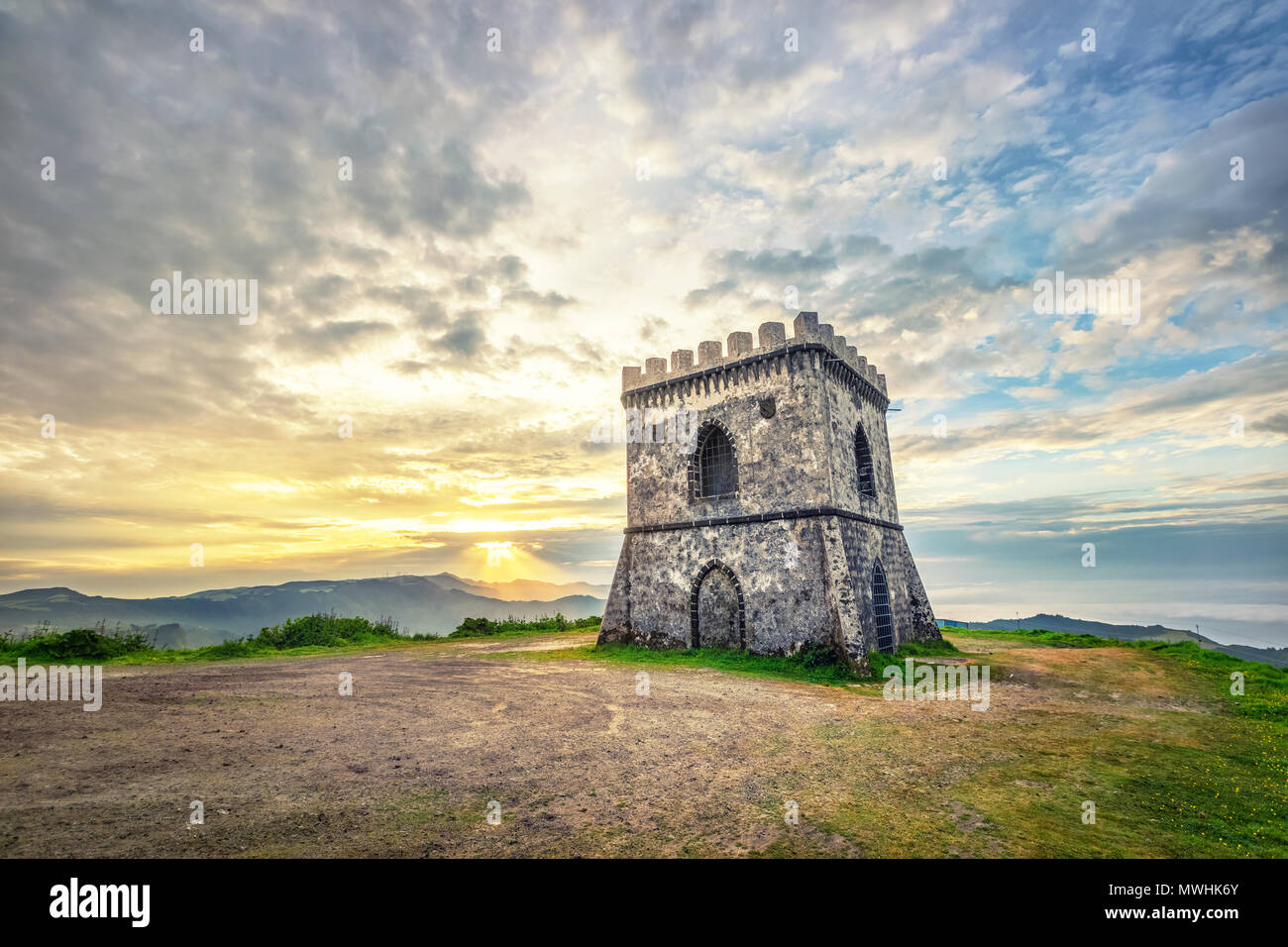 Castelo Branco Viewpoint su sunrise, isola Sao Miguel, Azzorre, Portogallo Foto Stock
