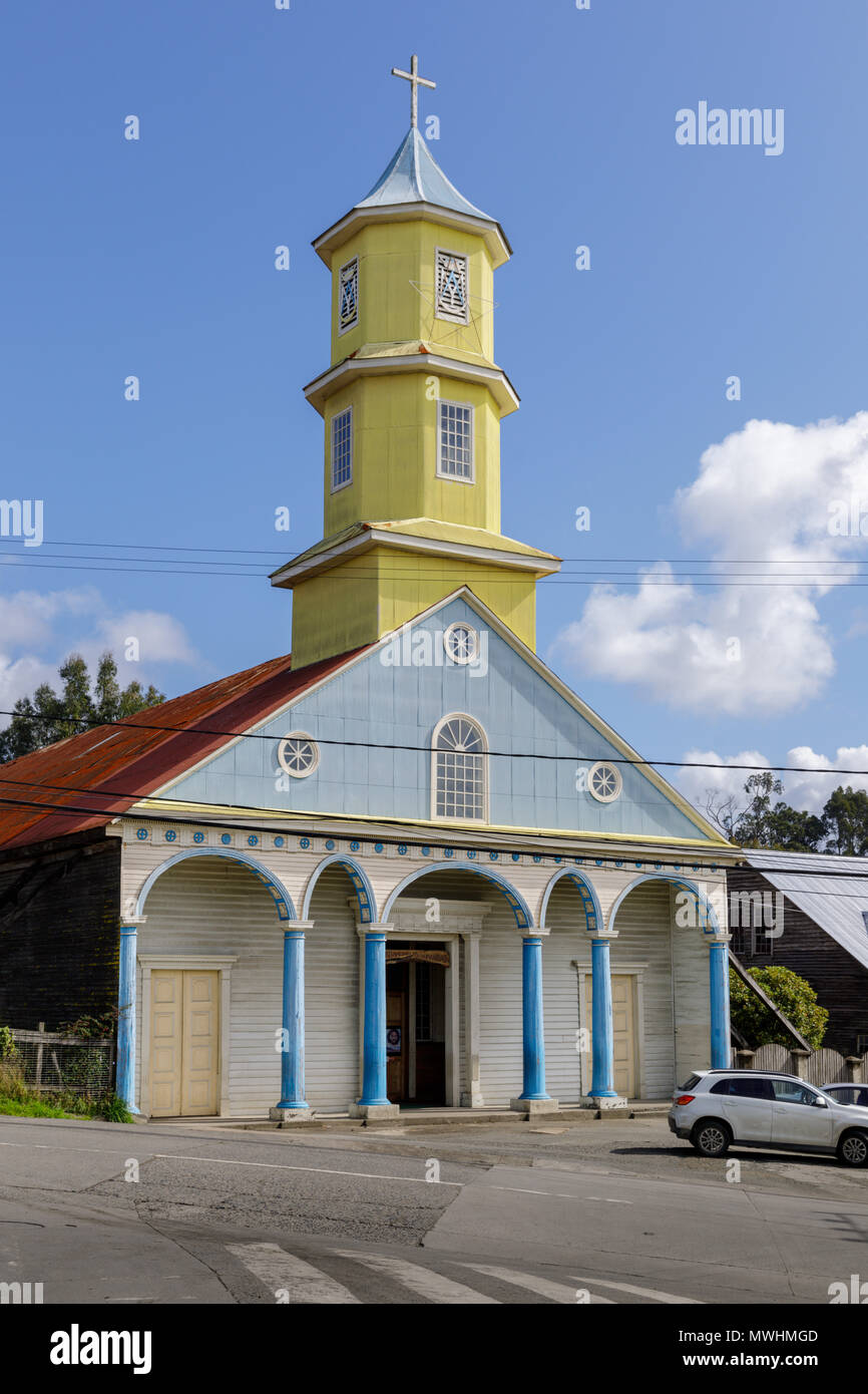 Chiloé, Cile: Nuestra Señora del Rosario chiesa è un sito Patrimonio Mondiale dell'Unesco in Chonchi. Foto Stock