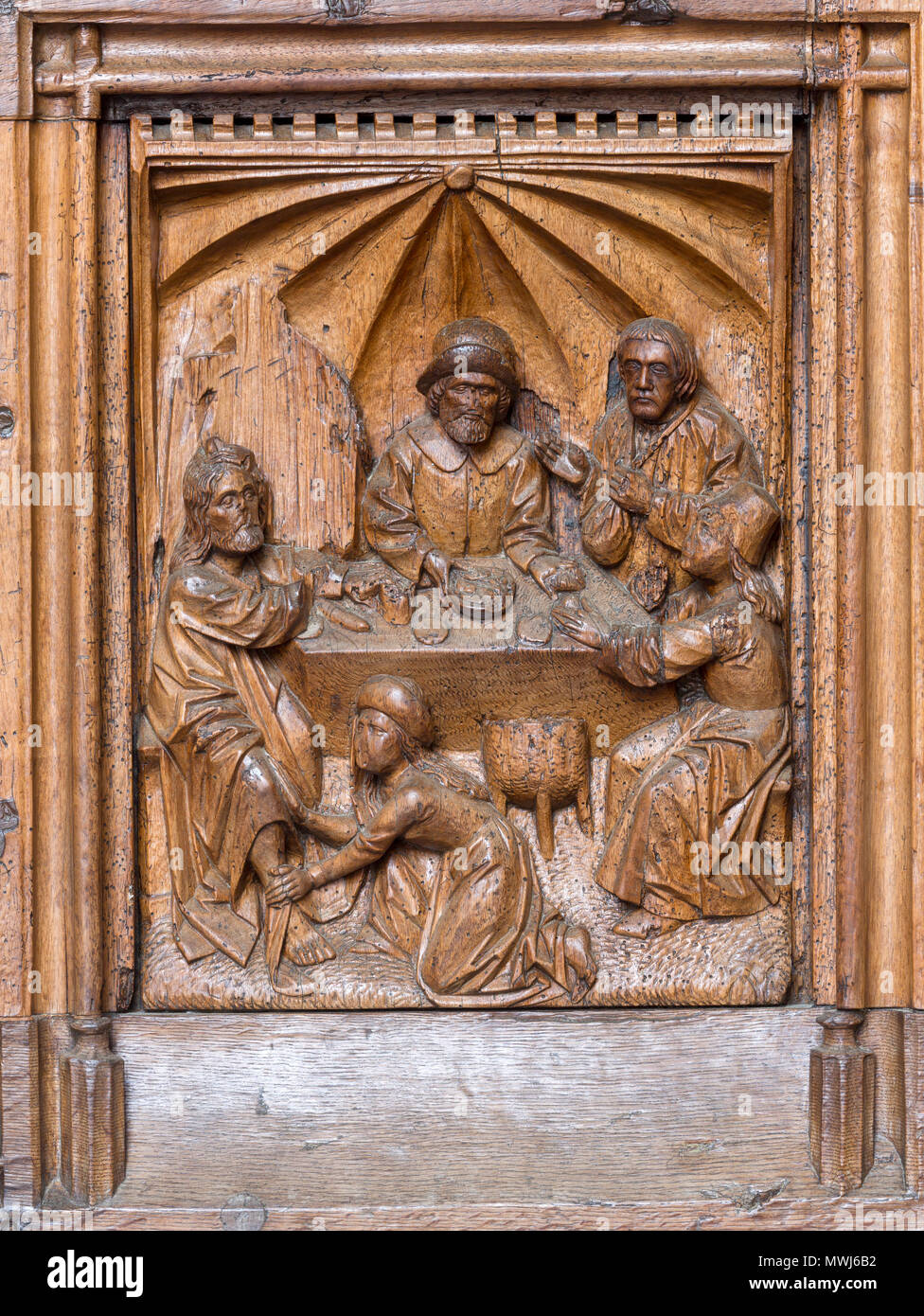 Konstanz, Münster, Westportal, rechter Türflügel, Bildhauer Heinrich Yselin und Simon Haider um 1470, Abendmahl Fußwaschung Foto Stock