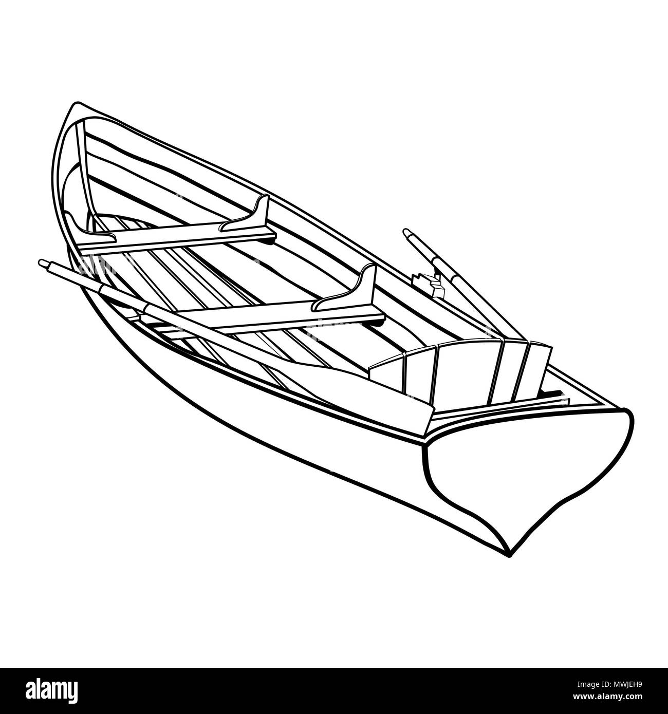 La barca di legno con remi schizzo, colorazione sketch, grafici monocromatici, immagine in bianco e nero illustrazione vettoriale. Skiff da tavola di legno con Foto Stock